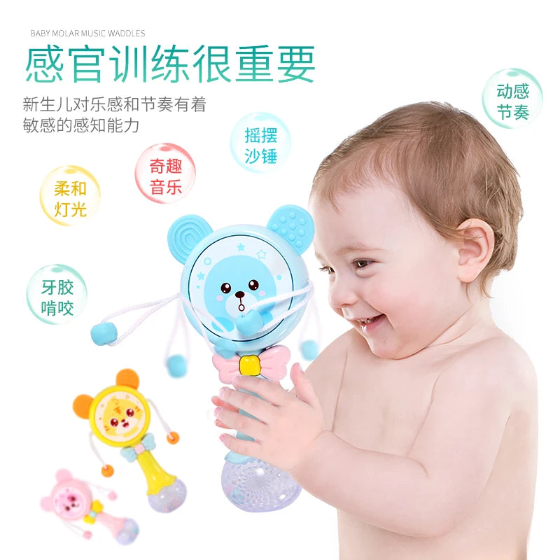 Baby Musical Toys Cute Bear Rattle With Light Music Teething Gum Hand Drum Music Stick Rattle Baby Boys and Girls Toys Children’