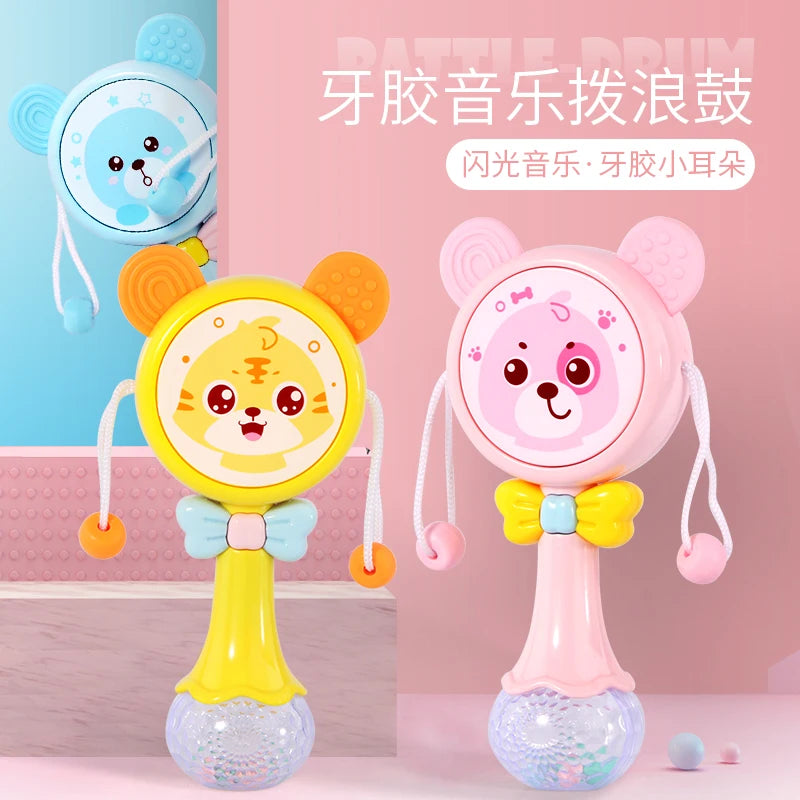 Baby Musical Toys Cute Bear Rattle With Light Music Teething Gum Hand Drum Music Stick Rattle Baby Boys and Girls Toys Children’