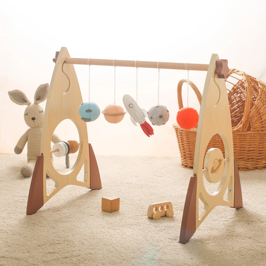 Baby Rocket Play Gym Wooden Mobile Rocket Rattle Activity Toys Hanging Sensory Toys Foldable Play Gym Frame Room Decorations Toy