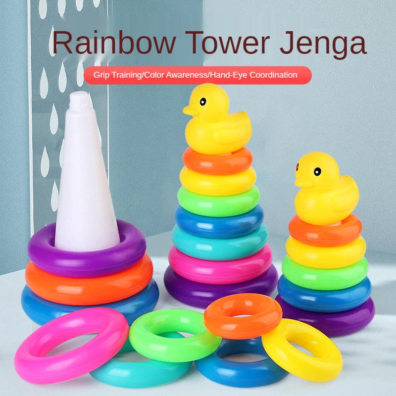 Adorable Yellow Duck Toy Color Stacking Rings Tower Toy Kids Toddler Bath Tub Play Toy Gift Baby Elatric Toys Stacking Cups