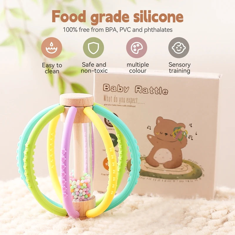 Baby Rattle Toy Wooden Rain Drum With Silicone Baby Sensory Touch Toy Newborn Dental Care Gum Anti-eating Hand Molar Stick Gif