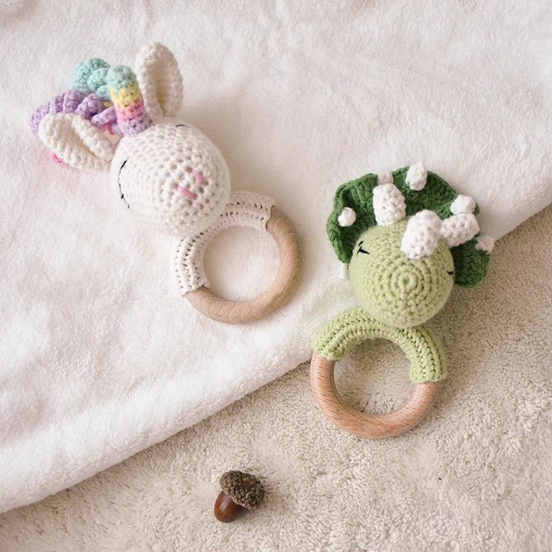 Baby Handmade Crochet Rattle Toys Wood Ring Infant Teether Cute Unicorn Rattles Stuffed Animals Montessori Toy for Newborn Gifts