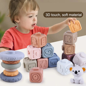 Baby Soft Silicone Stacking Tower Blocks Toy Cubes Stacking Tower Bath Teether Rattles Kids Montessori Educational Toys