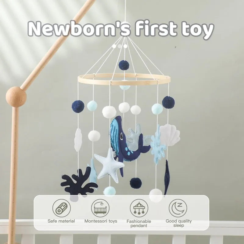 Baby Ocean Whale Rattle Toy 0-12 Month Bed Bell Mobile Wooden Newborn Felt Bell Hanging Toys Holder Bracket Infant Crib Toy Gift