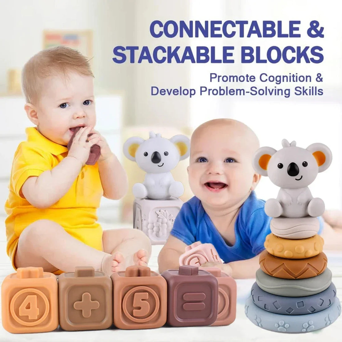 Baby Soft Silicone Stacking Tower Blocks Toy Cubes Stacking Tower Bath Teether Rattles Kids Montessori Educational Toys